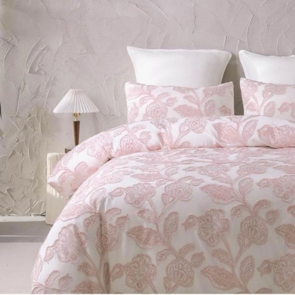 NEW Anthropologie Pink Embroidered Floral Jacquard Cotton Bedding Duvet Sham Set - Picture 3 of 10